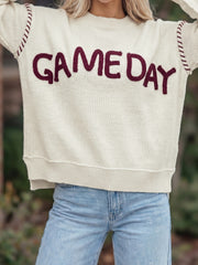 Beige Drop Shoulder Game Day Letter Print Pullover Sweater - Damesmode Afbeelding 1 - Miniatuur