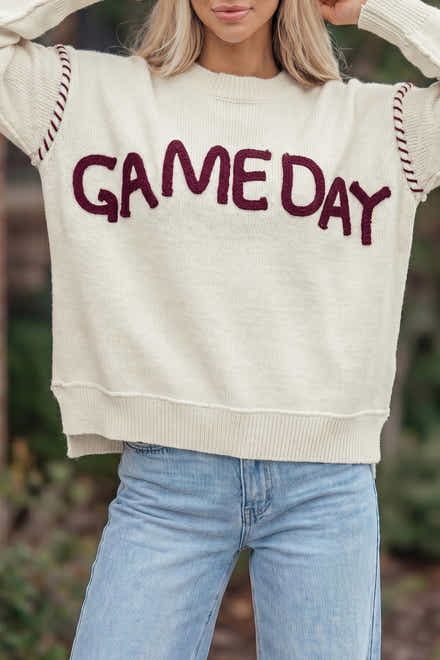 Beige Pullover mit Hang-Shoulder am Spieltag mit Buchstabendruck – Damesmode Afbeelding 1