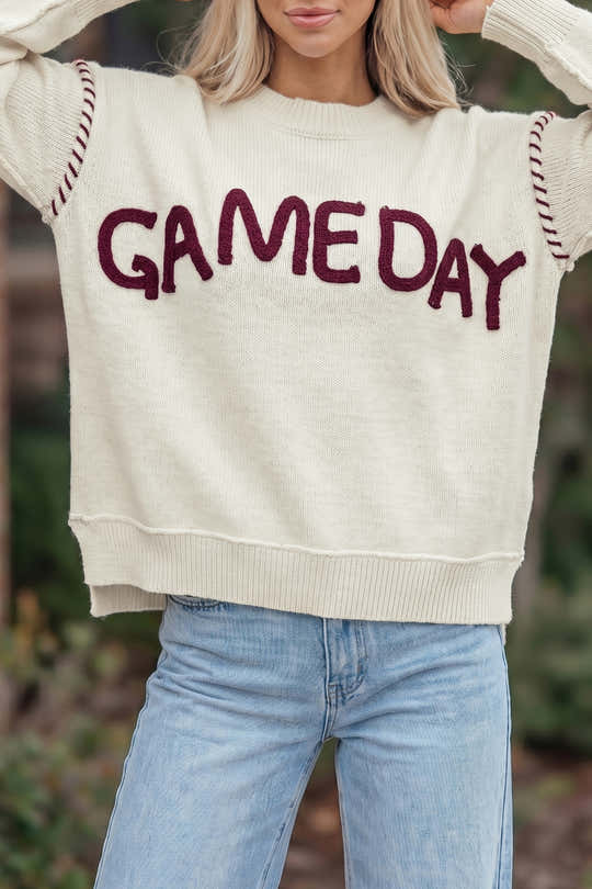 Beige Drop Shoulder Game Day Letter Print Pullover Sweater - Damesmode Afbeelding 1