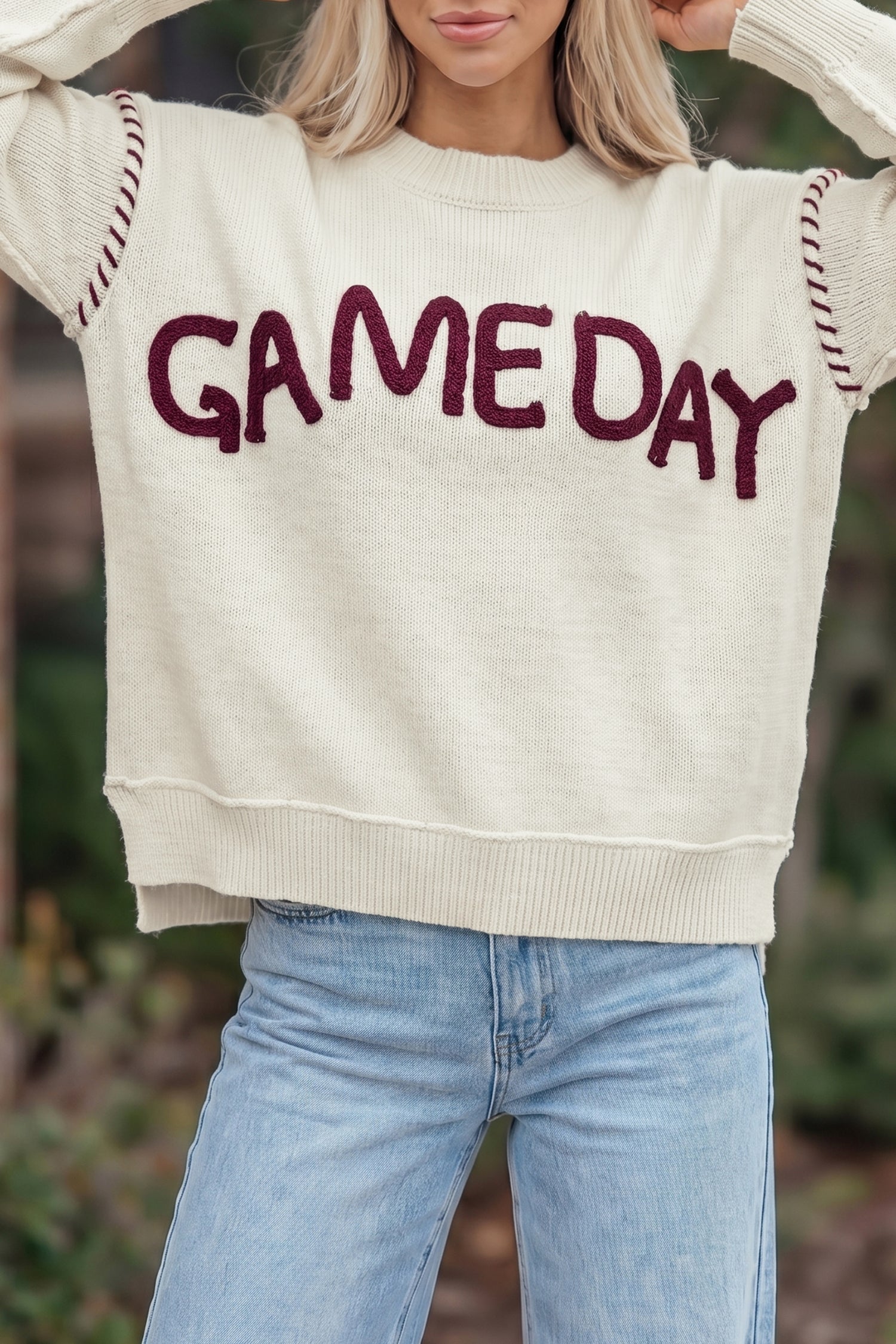 Beige Drop Shoulder Game Day Letter Print Pullover Sweater - Damesmode Afbeelding 1