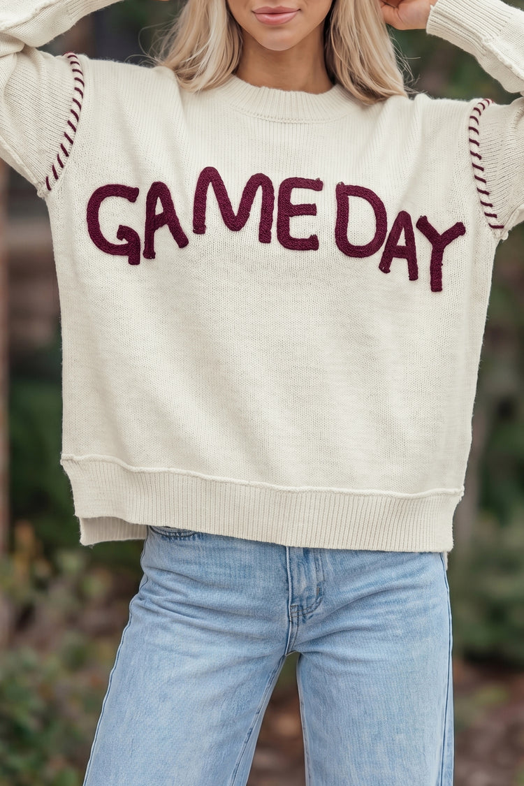 Beige Drop Shoulder Game Day Letter Print Pullover Sweater - Damesmode Afbeelding 1 - Damesmode