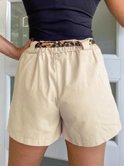 Oatmeal Leopard Contrast Sash Belt Pleated Wide Leg Shorts - Miniatuur