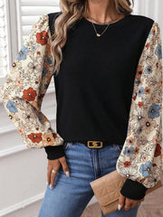 Khaki Leopard Puff Sleeve Patchwork Top - Miniatuur