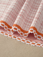 Weißes Jacquard-strukturiertes Kontrast-Trim-Kurzärmel-Quasten-Krawatten-Shift-Kleid - Miniatuur