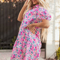 Pink Floral Collared Half Placket Short Sleeve Loose Dress - Foto 5