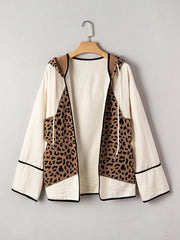 Brown Leopard Star Hooded Patchwork Contrast Piping Open Front Jacket - Damesmode Afbeelding 7 - Miniatuur