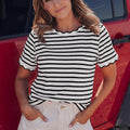 Black Stripe Scalloped Trim Round Neck T Shirt - Damesmode Afbeelding 3 - Foto 3
