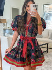 Black Retro Floral Print Button Down Belted Short Puff Sleeve Mini Dress - Damesmode Afbeelding 8 - Miniatuur