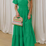 Bright Groen Effen Farbe V Ausschnitt Kurzer Puffärmel Hoge Taille gestuft Lange Maxi-Jurk