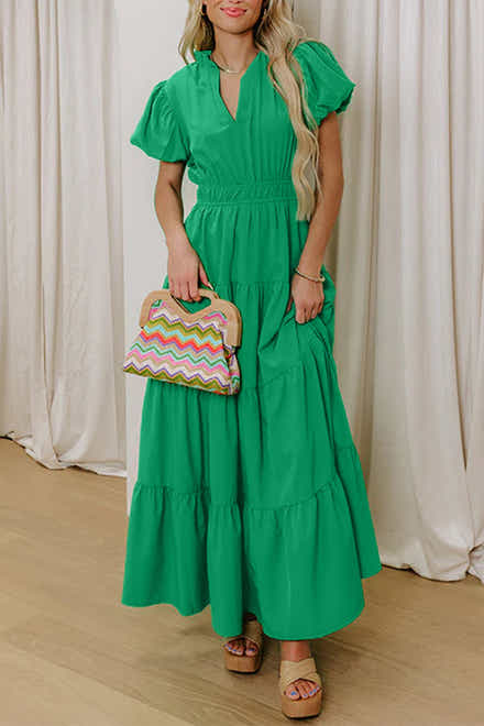 Bright Green Solid Color V Neck Short Puff Sleeve High Waist Tiered Maxi Dress - Damesmode Afbeelding 1