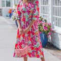 Rose Vibrant Floral Print V-Hals Reißverschluss Puffy Hallefärmel Kleed - Foto 5