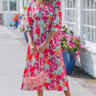 Rose Vibrant Floral Print V Neck Zip Up Puffy Half Sleeve Dress - Thumbnail