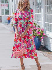 Rose Vibrant Floral Print V Neck Zip Up Puffy Half Sleeve Dress - Miniatuur