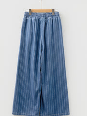 Blue Stripe Chambray Wide Leg Tied Elastic Waist Trousers - Damesmode Afbeelding 3 - Miniatuur