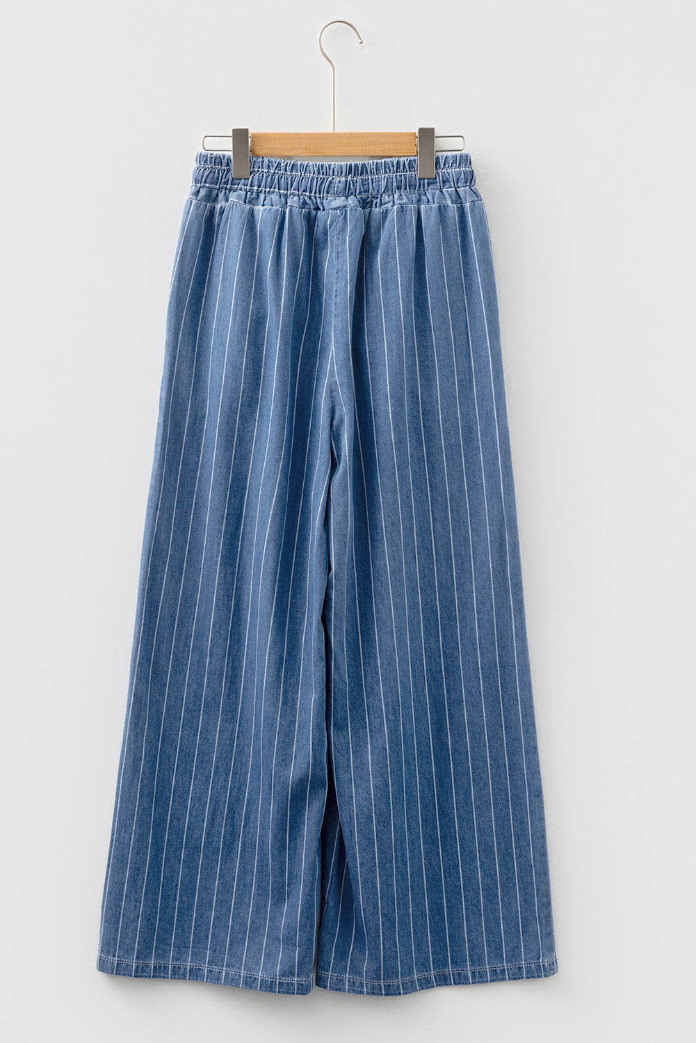 Blue Stripe Chambray Wide Leg Tied Elastic Waist Trousers - Damesmode Afbeelding 3