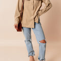 Light French Beige Solid Frilled Flap Pocket Button Up Corduroy Shacket - Foto 6