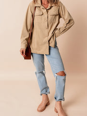 Helles französisch-beige Solid Rüschen-Taschen-Button-Up Cord-Shacket - Miniatuur