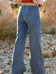 Jeans Ashleigh Blue à multiples boutons, taille haute et jambe large avec poches - Damesmode Afbeelding 2 - Miniatuur