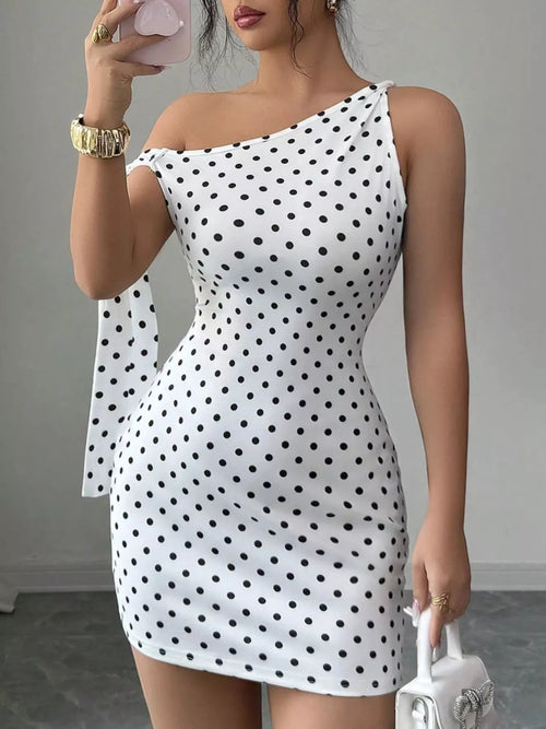 One-Shoulder Polka Dot Bodycon Mini Dress - Detail