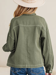 Smoke Green Patched Pocket Collared Button Front Boyfriend Denim Jacket - Miniatuur