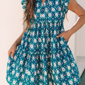 Blue Retro Floral Print Split Neck Ruffle Short Sleeve Dress - Damesmode Afbeelding 5 - Foto 5