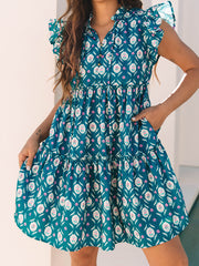 Blo Retro Blummenprint Split Neck Rüschen Kuerzäermelkleed - Damesmode Afbeelding 5 - Miniatuur