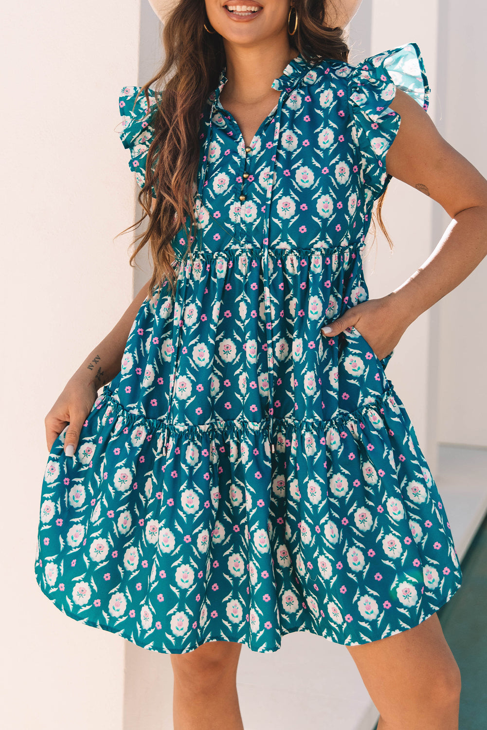 Robe à manches courtes à motifs fleuris rétro rétro à motifs froncés à volants - Damesmode Afbeelding 5