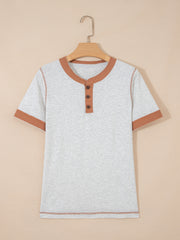 Light Grey Raw Seam Color Block Detail Buttoned Henley Tee - Miniatuur