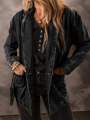 Black Side Pockets Lapel Collar Denim Jacket - Women's Fashion Image 3 - Miniatuur
