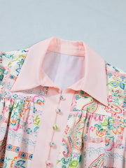 Pink Boho Floral Print Color Block Trim Half Button Belted Mini Dress - Miniatuur
