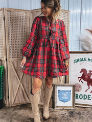 Red Plaid Tie Front Long Sleeve Short Shift Dress - Miniatuur