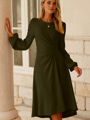 Jungle Green Solid Color Ruched Detail Long Sleeve Midi Dress - Miniatuur