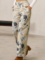 Beige Retro Floral Print Turn-up Cuffed Hem Loose Jeans - Damesmode Afbeelding 2 - Miniatuur