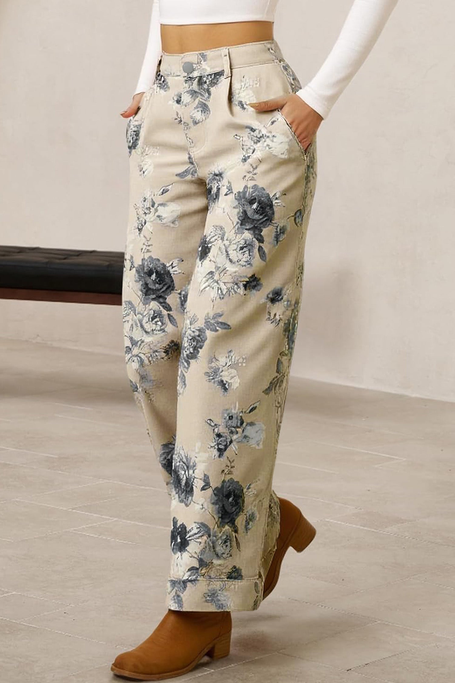Beige Retro Floral Print Turn-up Cuffed Hem Loose Jeans - Damesmode Afbeelding 2
