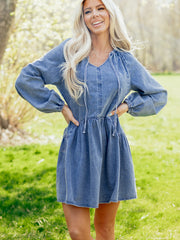 Myosotis Puff Sleeve V Neck Ruffled Loose Denim Mini Dress - Miniatuur