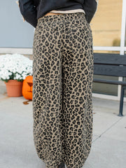 Khaki-Leopardenmuster mit Kordelzug, elastische Taille, lockere Jeanshosen mit Taschen - Miniatuur