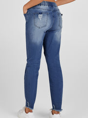 Dark Blue Elastic Waist Straight Leg Destroyed Raw Hem Jeans - Miniatuur