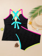 Schwarzes, floral-strukturiertes Neon-Trim V-Ausschnitt mit Querschnitt rückenloses Tankini-Set – Damesmode Afbeelding 5 - Miniatuur