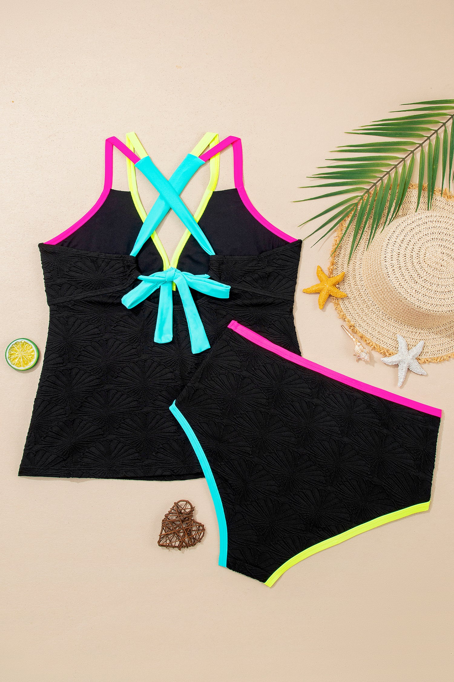 Black Floral Textured Neon Trim V Neck Crisscross Backless Tankini Set - Damesmode Afbeelding 5