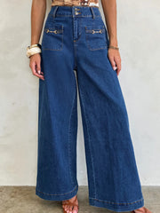 Sail Blue Hardware Decor Gepatchte Taschen Weit beinte Jeanshosen - Miniatuur