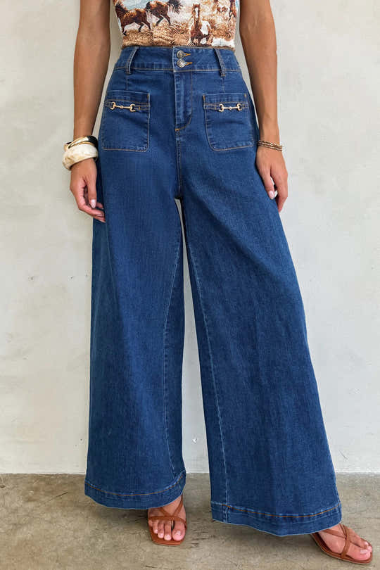 Sail Blue Hardware Decor Gepatchte Taschen Weit beinte Jeanshosen