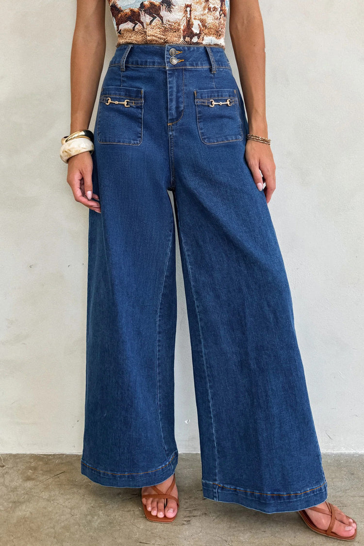 Sail Blue Hardware Decor Gepatchte Taschen Weit beinte Jeanshosen - Damesmode