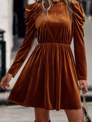 Chestnut Velvet Frilled Neck Gigot Sleeve Swing Dress - Miniatuur
