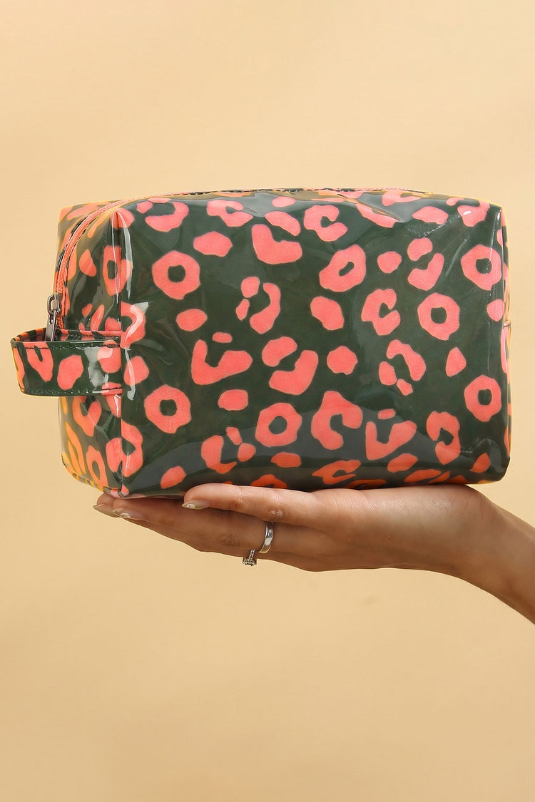 Blackish Green Leopard Print PVC Travel Makeup Organizer Cosmetic Bag - Damesmode Afbeelding 1 - Damesmode