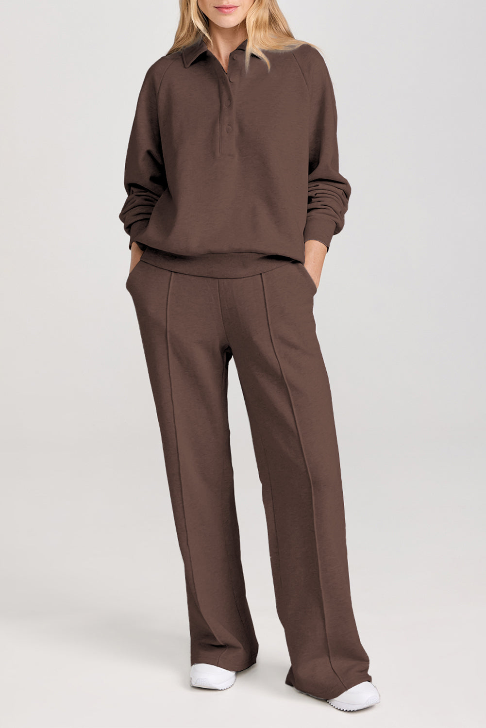 Ensemble actif à sweat marron foncé à col uni et pantalon taille haute