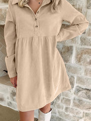 Black Corduroy Half Button Collared Long Sleeve Mini Dress - Damesmode Afbeelding 4 - Miniatuur