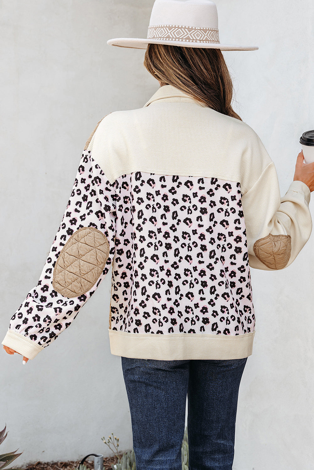 Veste à boutons en patchwork patchwork en gaufre léopard kaki