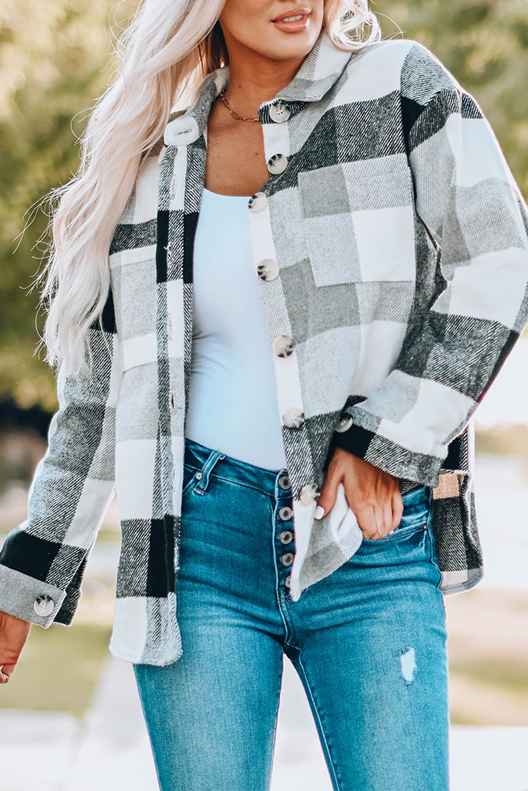 Gray Plaid Color Block Buttoned Long Sleeve Jacket with Pocket - Damesmode