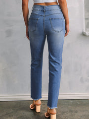 Sky Blue Double Button Raw Hem Slim Fit Jeans - Miniatuur