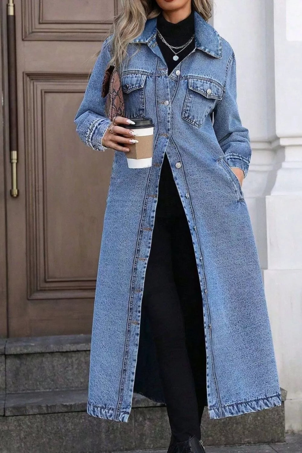 Longline Button-Front Denim Jacket - Exclusive Women Fashion & Apparel | Redblad Official